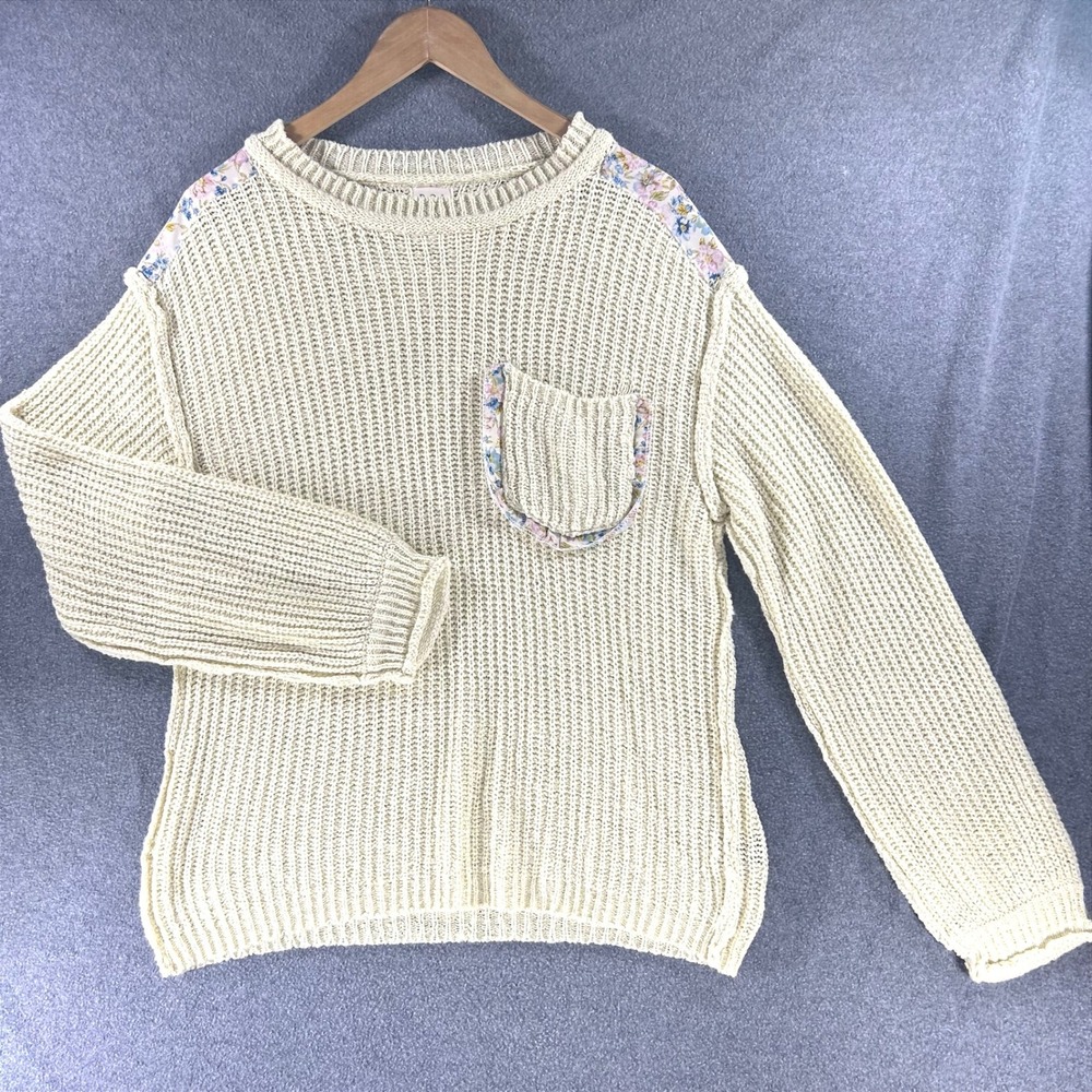 POL Cottagecore Floral Patch Chunky Knit Sweater Small Boho Cream Beach Pullover